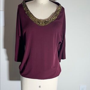 New York & Company Burgundy Top with Gold Sequin Neckline